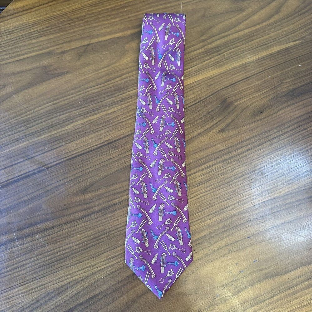 Scappino Mens Tie Patterned Music Violin Strings Red Brown Gold 100% Silk Mexico